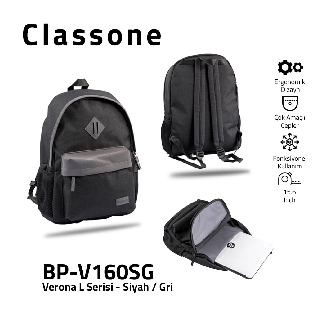 Classone BP-V160SG Verona L Serisi 15, 6 İnch Sırt Çantası Siyah-gri