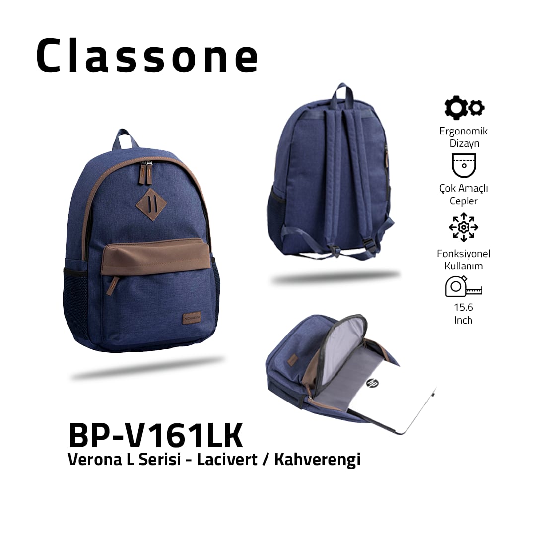 Classone BP-V161LK Verona L Serisi Sırt Çantası Lacivert - Kahverengi
