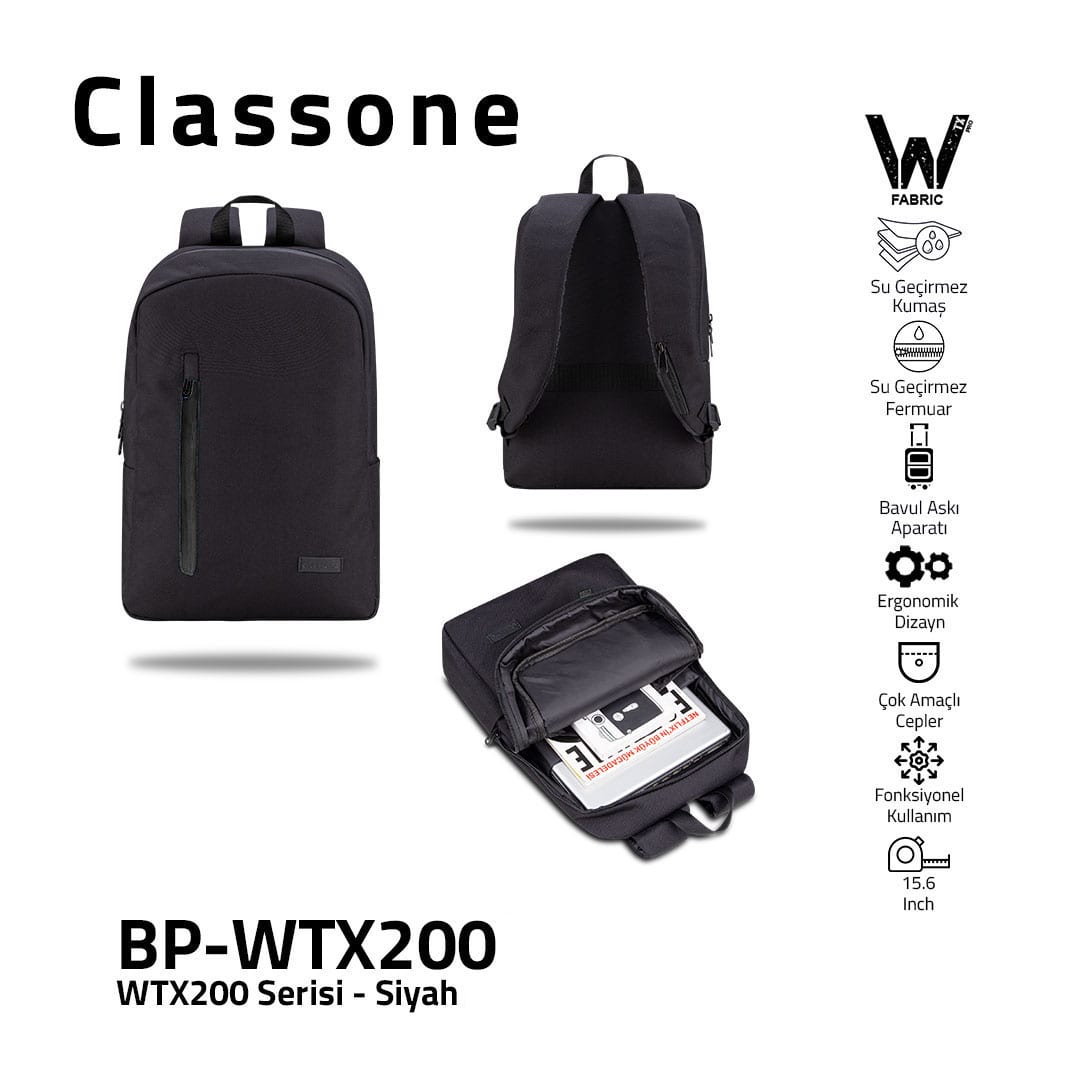 Classone BP-WTX200 Pro 15.6 İnch , Su Geçirmez Kumaş Ve Su Geçirmez Fermuar Notebook, Laptop Macbook Sırt Çantası -siyah