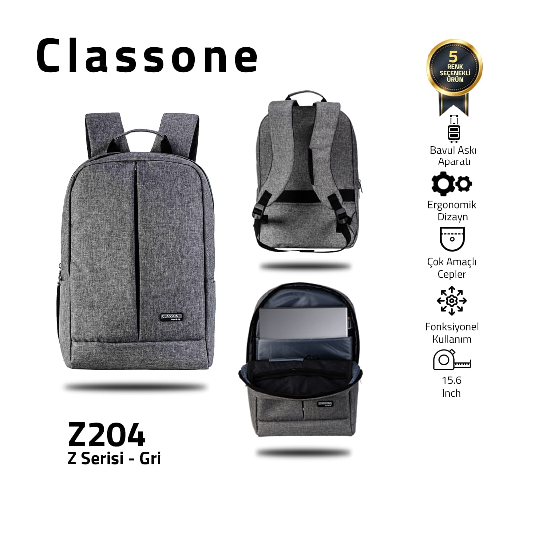 Classone BP-Z204 Zaino Serisi 15, 6 İnch Notebook Sırt Çantası / Gri