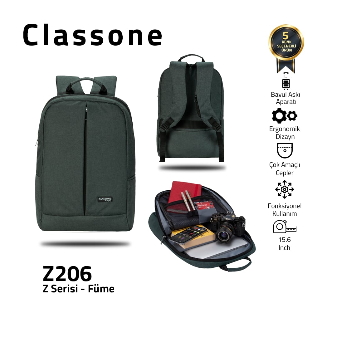 Classone BP-Z206 Zaino Serisi 15, 6 İnch Notebook Sırt Çantası / Füme