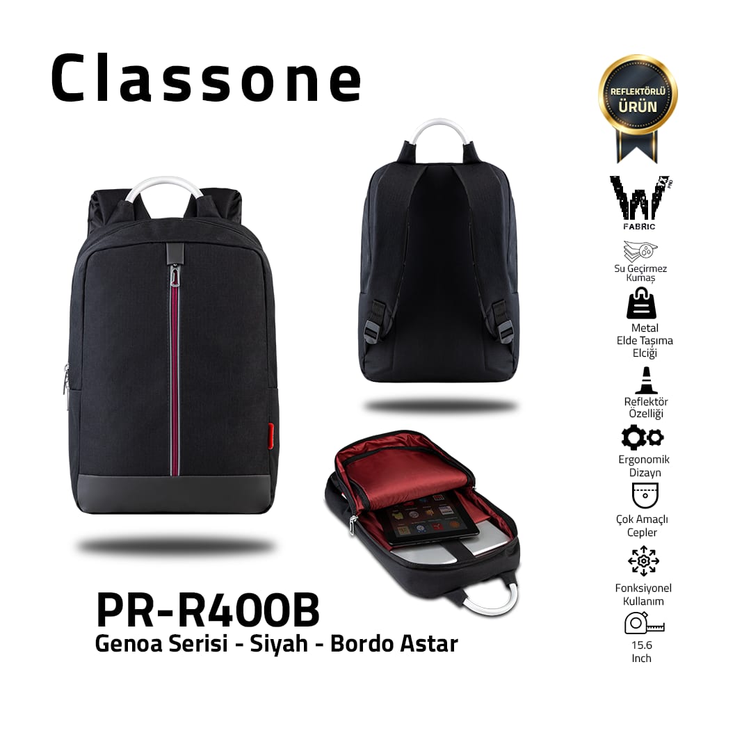 Classone Genoa Serisi PR-R400B WTXpro Su Geçirmez Kumaş 15.6 Notebook Sırt Çantası-siyah-bordo Astar