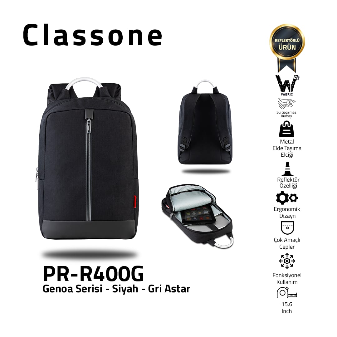 Classone Genoa Serisi PR-R400G WTXpro Su Geçirmez Kumaş 15.6 Sırt Notebook Çantası-siyah-gri Astar