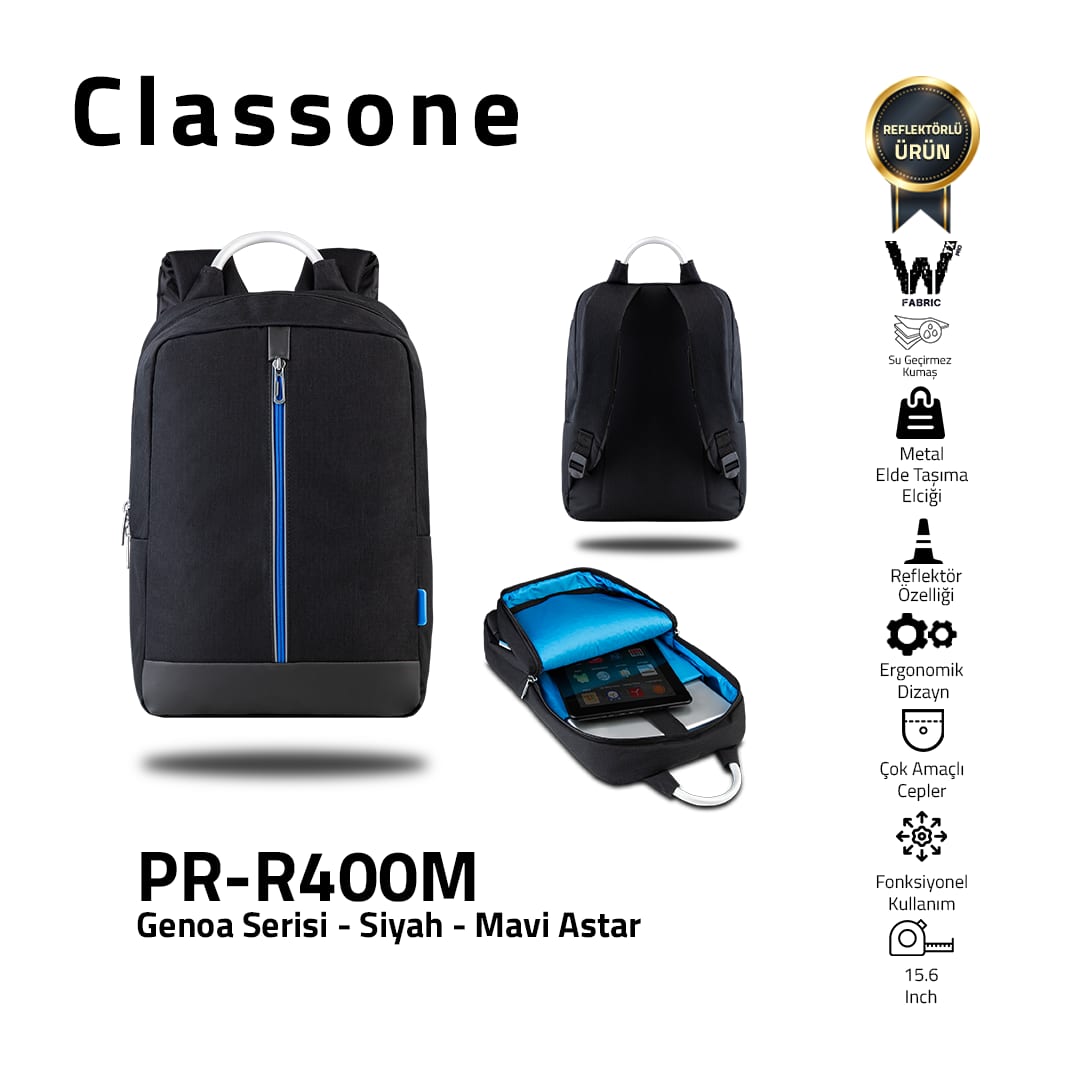 Classone Genoa Serisi PR-R400M WTXpro Su Geçirmez Kumaş 15.6 Notebook Sırt Çantası-siyah-mavi Astar