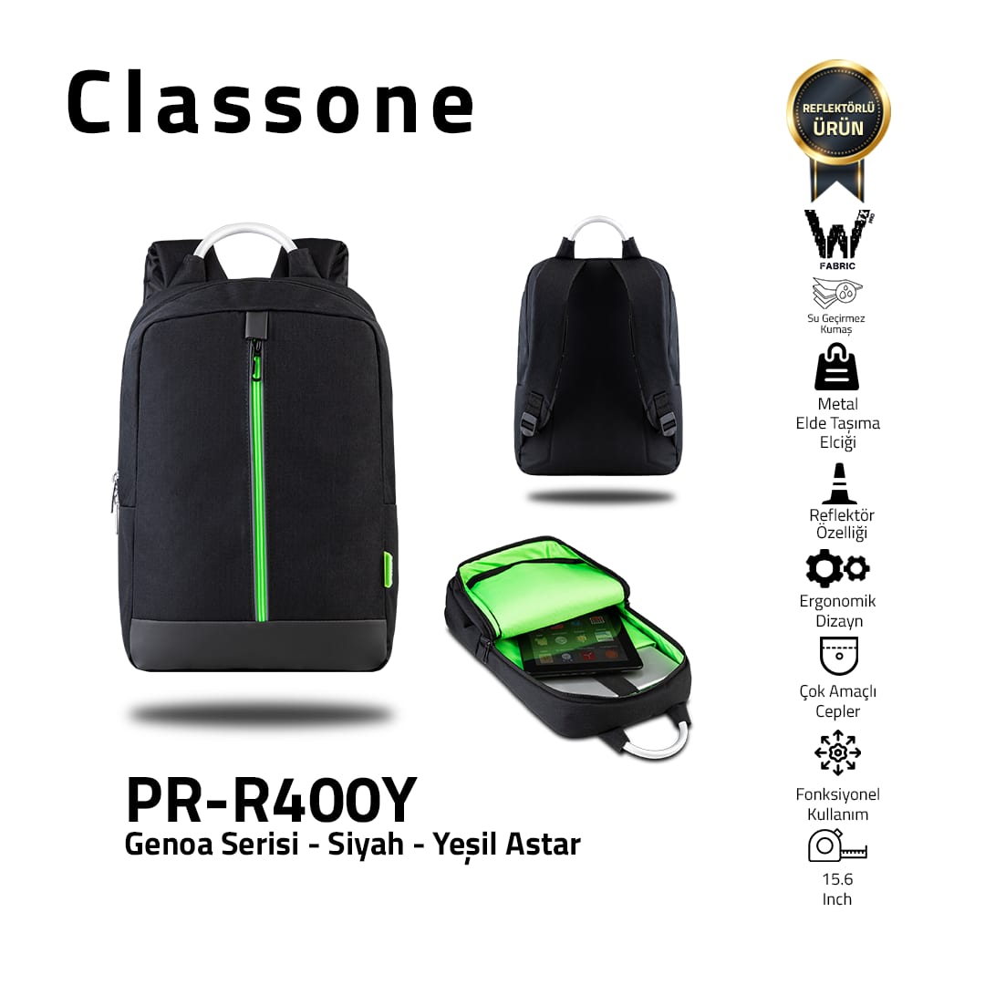Classone Genoa Serisi PR-R400Y WTXpro Su Geçirmez Kumaş 15.6 Notebook Sırt Çantası-siyah-yeşil Astar