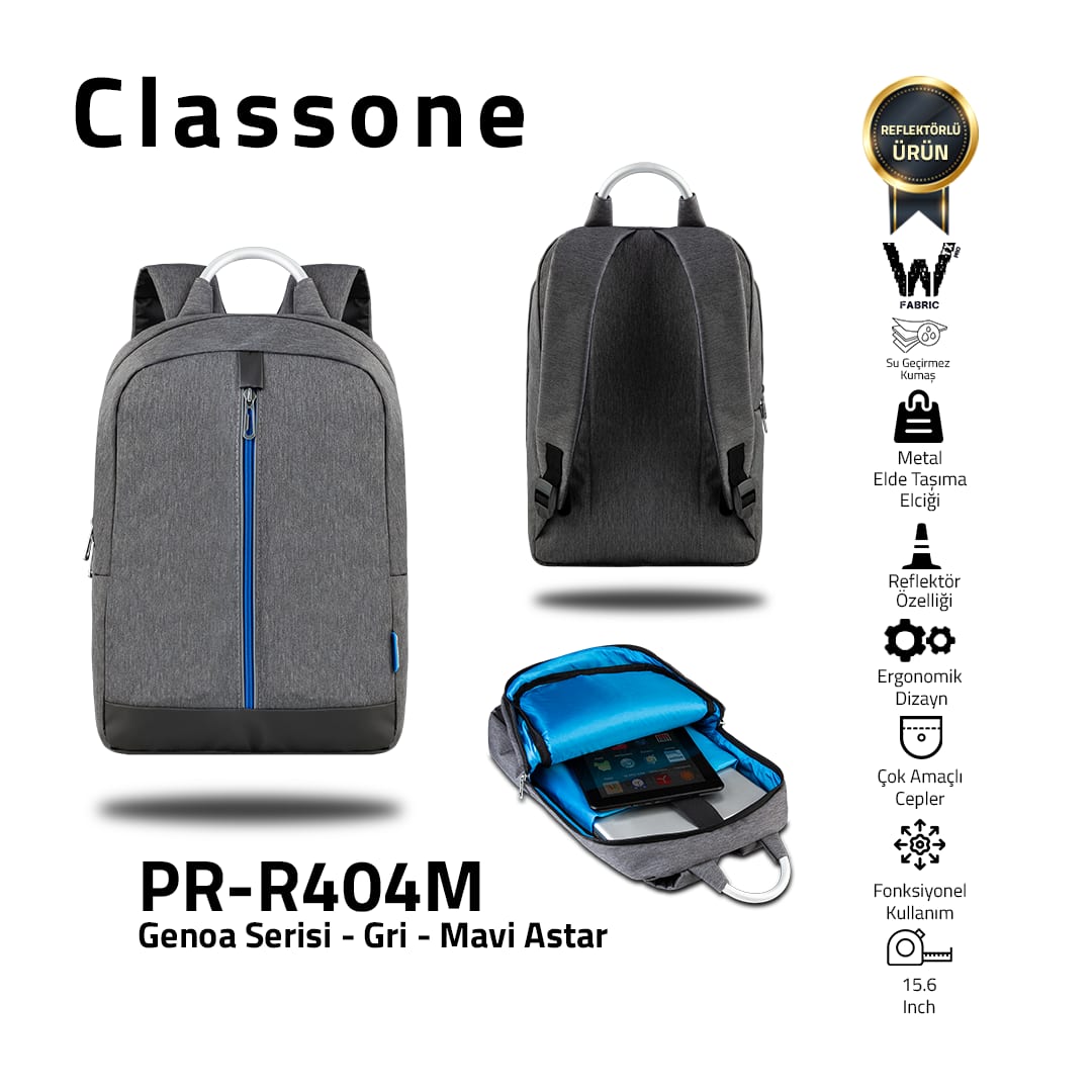 Classone Genoa Serisi PR-R404M WTXpro Su Geçirmez Kumaş 15.6 Notebook Sırt Çantası-gri-mavi Astar