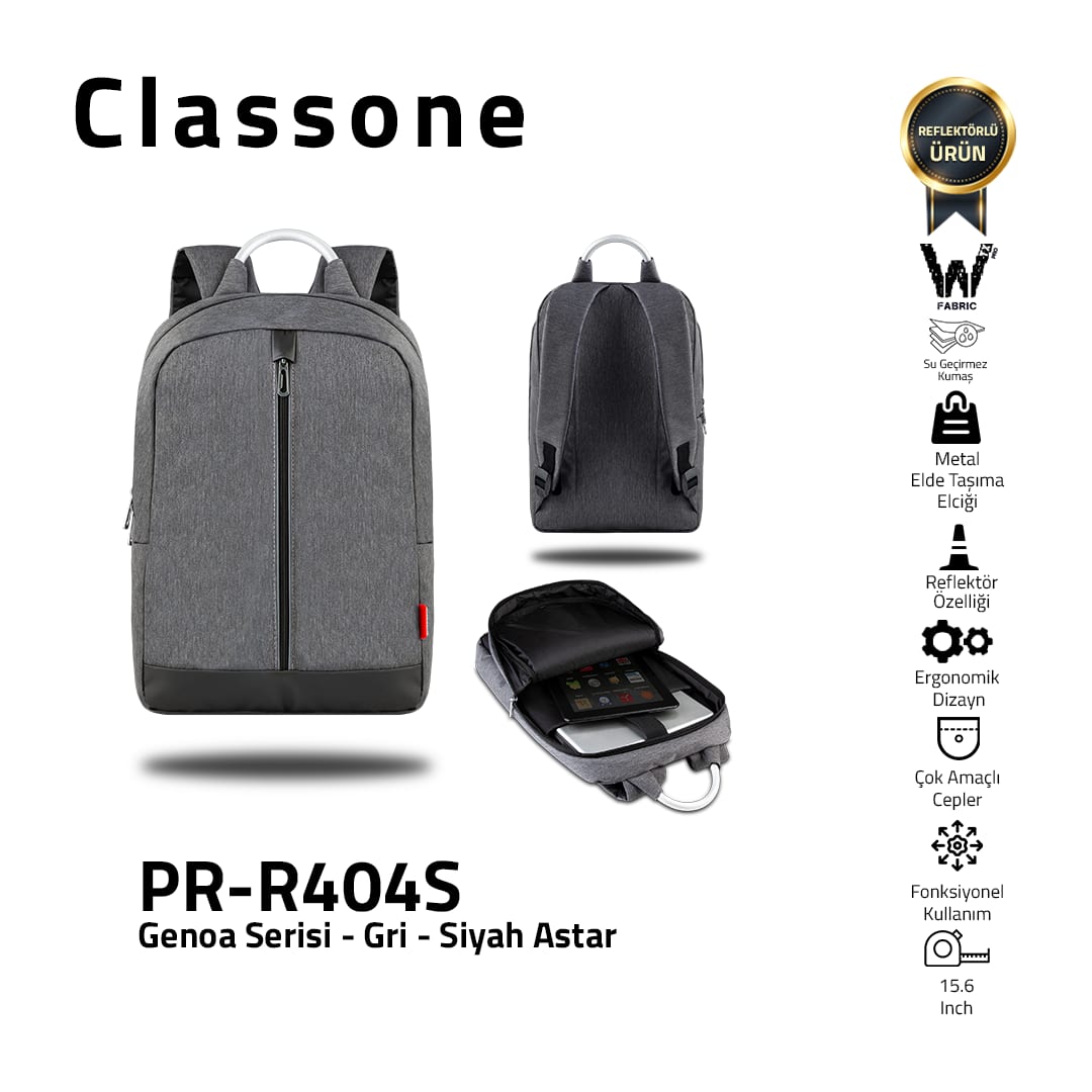 Classone Genoa Serisi PR-R404S WTXpro Su Geçirmez Kumaş 15.6 Notebook Sırt Çantası-gri-siyah Astar