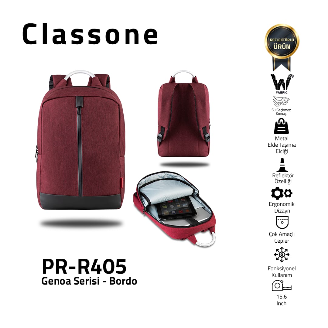 Classone Genoa Serisi PR-R405 WTXpro Su Geçirmez Kumaş 15.6 Sırt Notebook Çantası-bordo