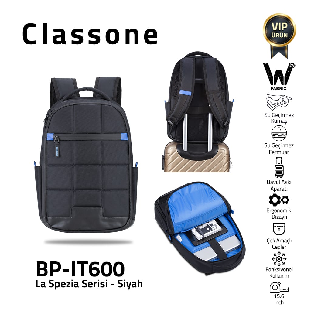 Classone La Spezia Serisi BP-IT600 15.6 İnch WTXpro Su Geçirmez Kumaş, Su Geçirmez Fermuar, Laptop Sırt Çantası –siyah