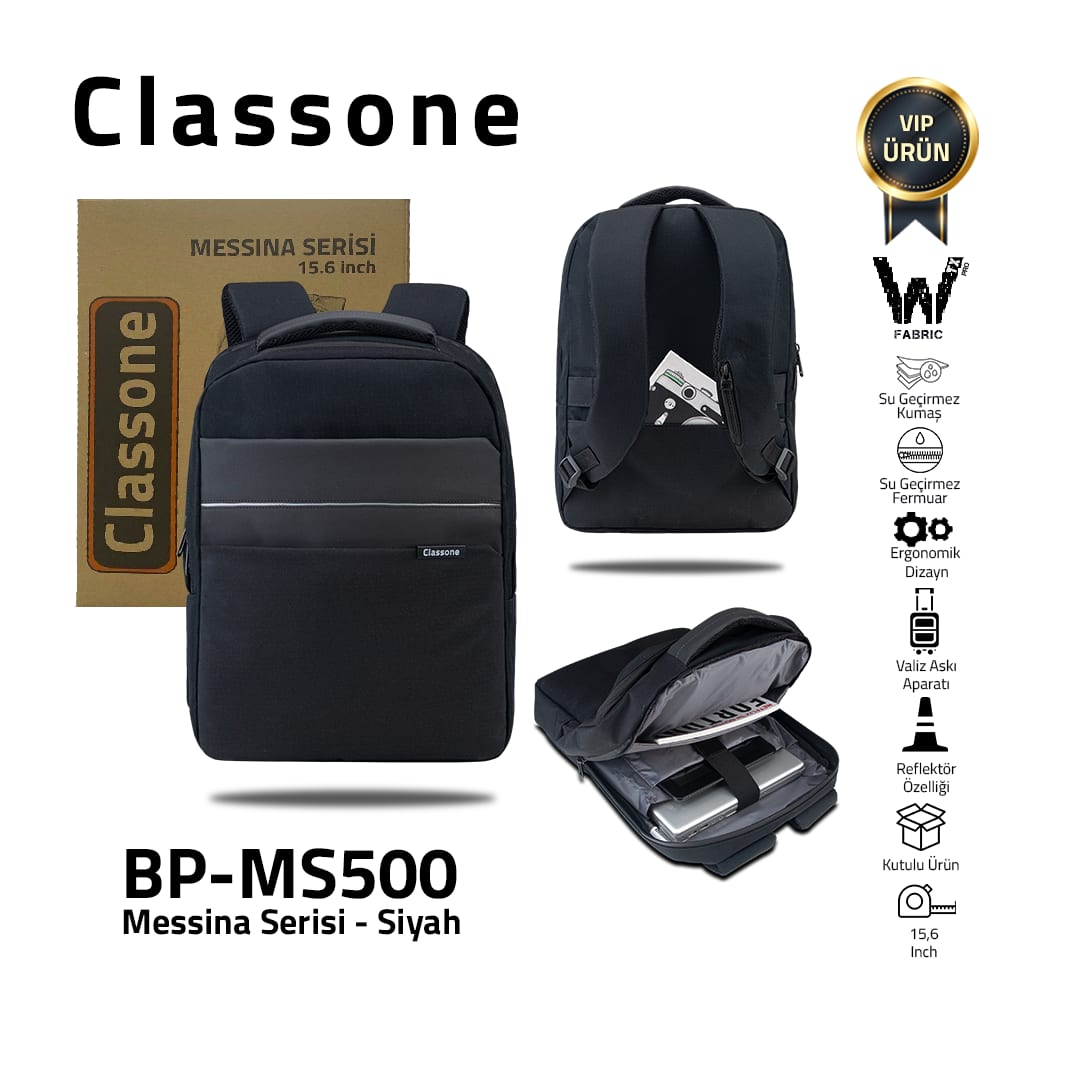 Classone Messina Serisi BP-MS500 WTXpro Su Geçirmez Kumaş 15.6 İnch Sırt Çantası -siyah