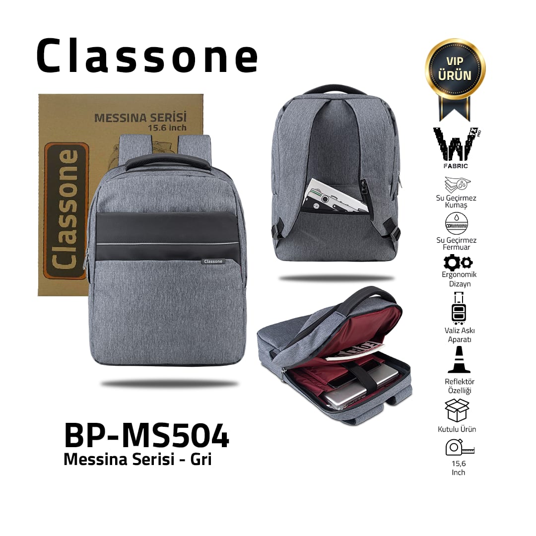 Classone Messina Serisi BP-MS504 WTXpro Su Geçirmez Kumaş 15.6 İnch Sırt Çantası -gri