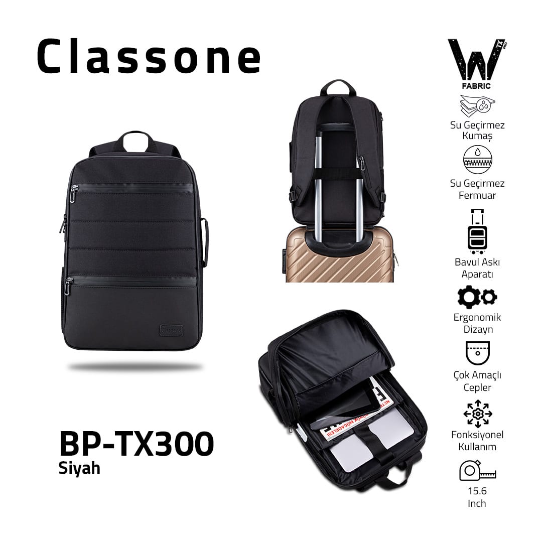 Classone Mila BP-TX300 Combo Serisi 15, 6 İnch , Su Geçirmez Kumaş Ve Su Geçirmez Fermuar Notebook, Laptop , Macbook Sırt Çantası -siyah
