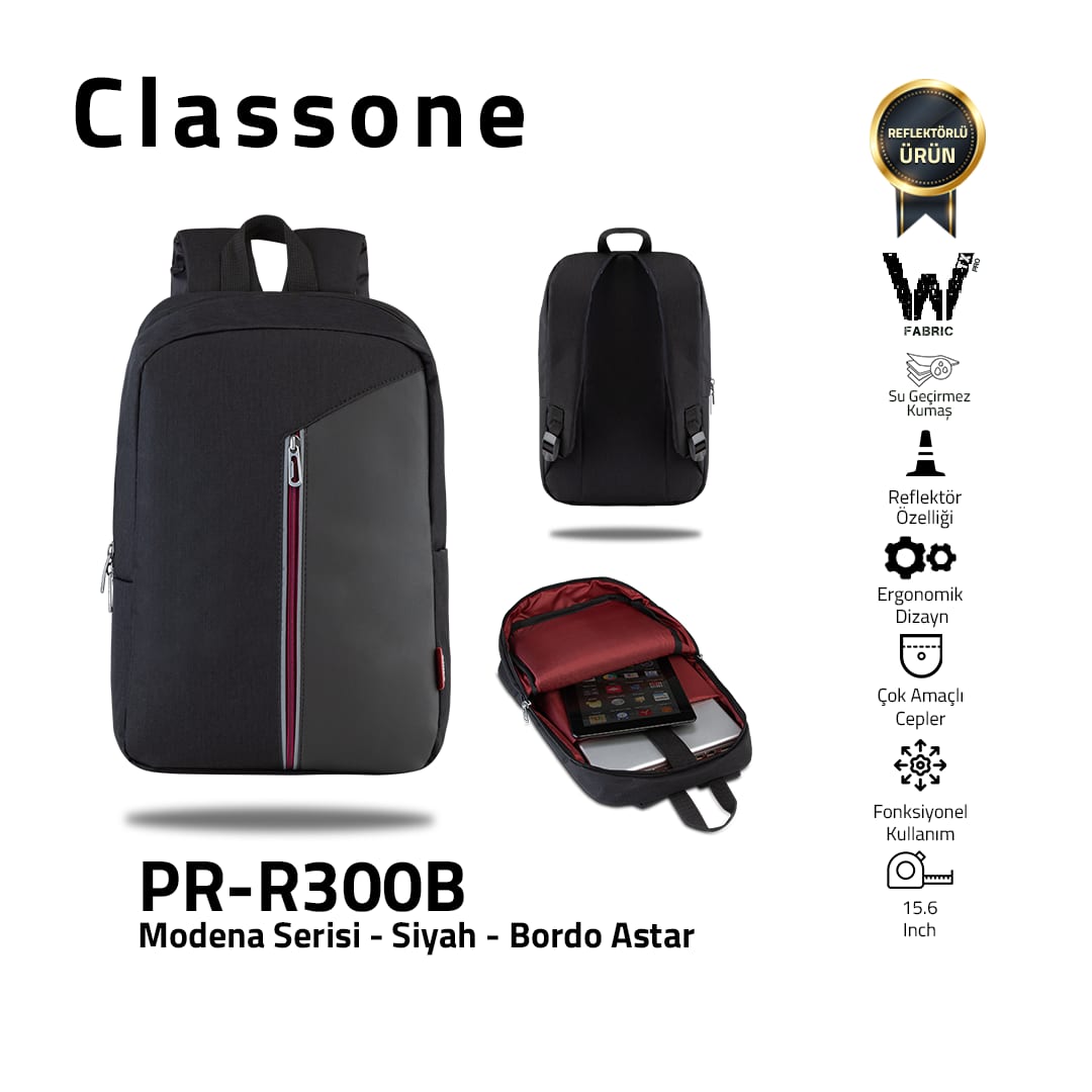 Classone Modena Serisi PR-R300B WTXpro Su Geçirmez Kumaş 15.6 Notebook Sırt Çantası-siyah-bordo Astar