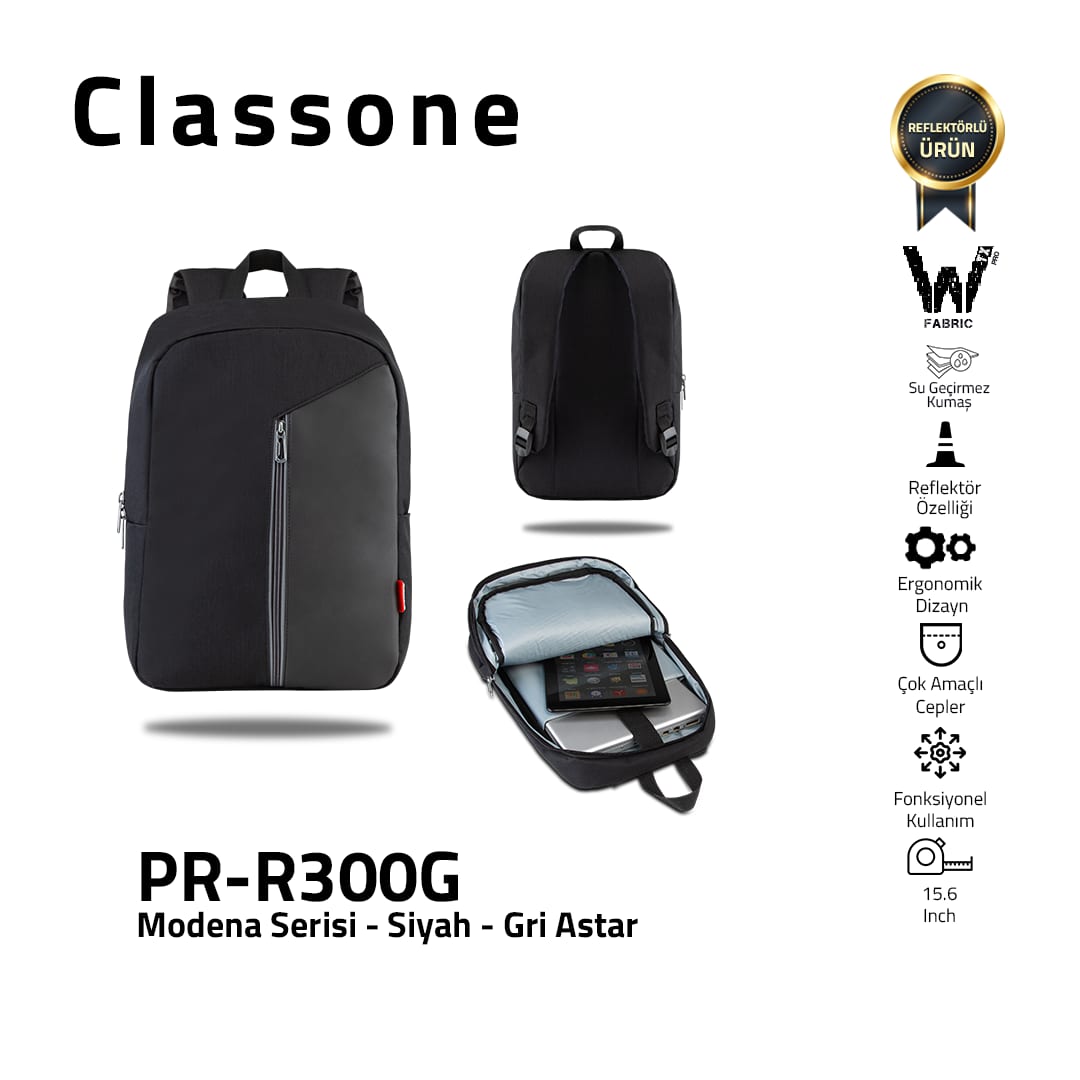 Classone Modena Serisi PR-R300G WTXpro Su Geçirmez Kumaş 15.6 Notebook Sırt Çantası-siyah-gri Astar