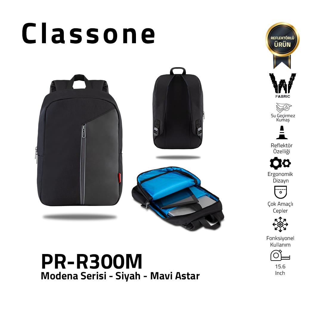 Classone Modena Serisi PR-R300M WTXpro Su Geçirmez Kumaş 15.6 Notebook Sırt Çantası-siyah-mavi Astar