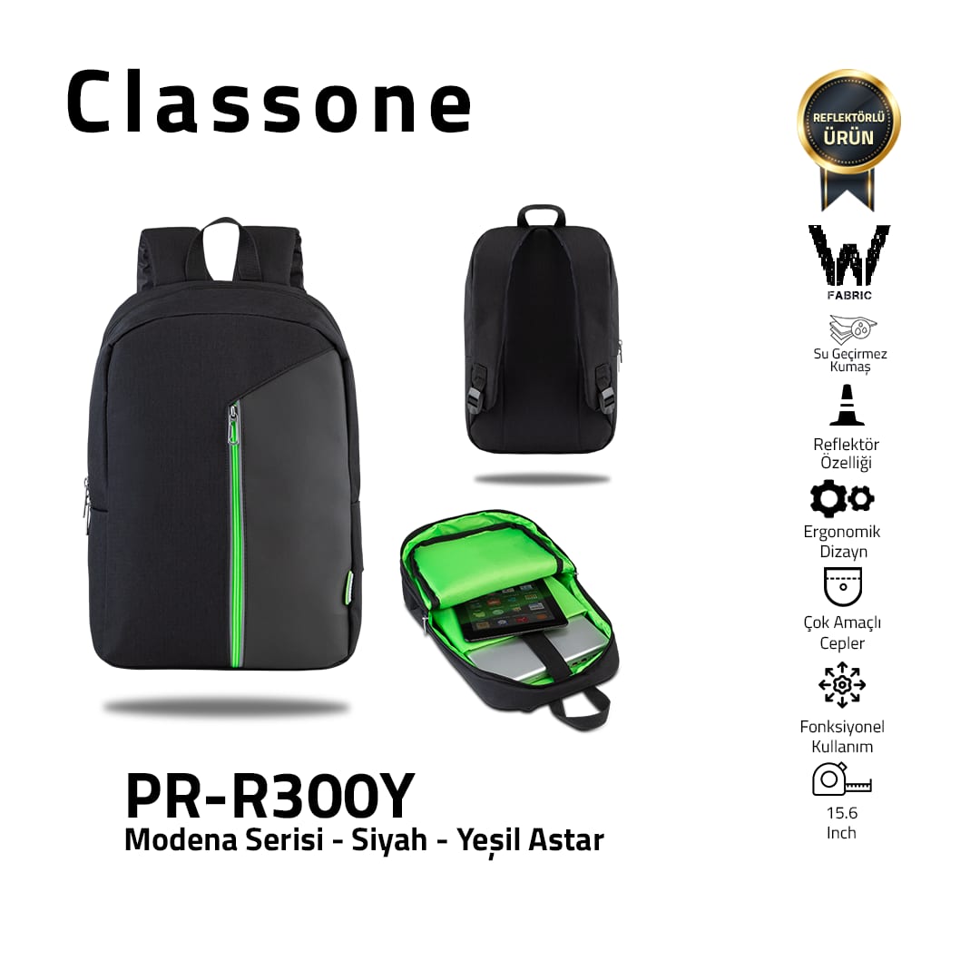 Classone Modena Serisi PR-R300Y WTXpro Su Geçirmez Kumaş 15.6 Notebook Sırt Çantası-siyah-yeşil Astar
