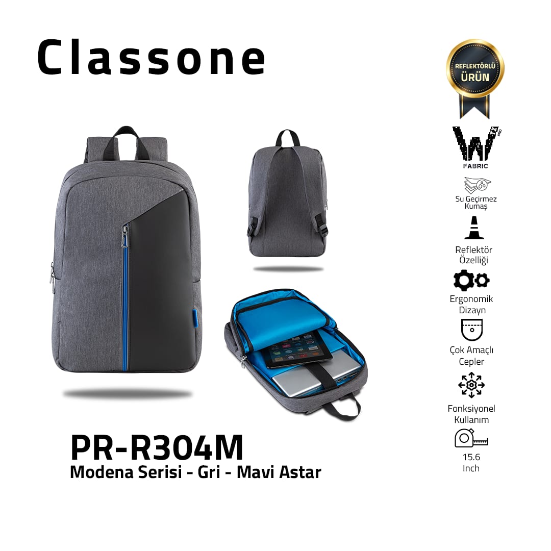 Classone Modena Serisi PR-R304M WTXpro Su Geçirmez Kumaş 15.6 Notebook Sırt Çantası-gri-mavi Astar