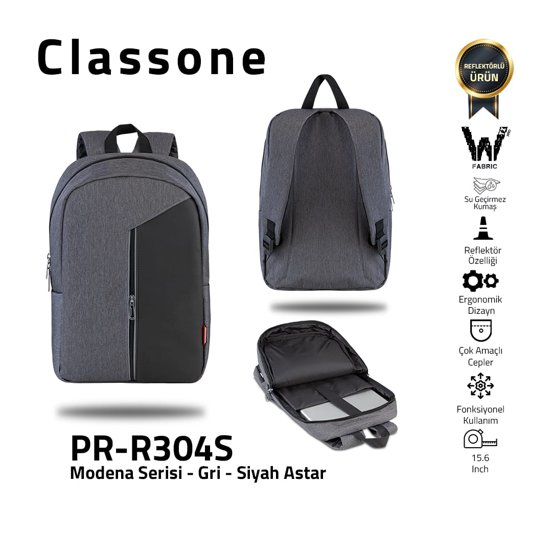 Classone Modena Serisi PR-R304S 15.6 Notebook Sırt Çantası-gri-siyah Astar