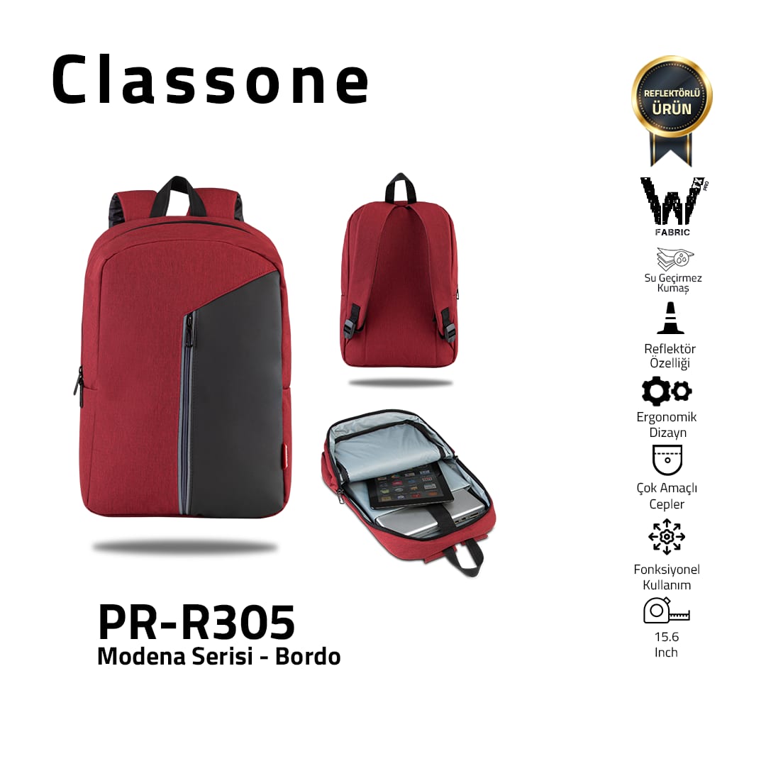Classone Modena Serisi PR-R305 WTXpro Su Geçirmez Kumaş 15.6 Notebook Sırt Çantası-bordo