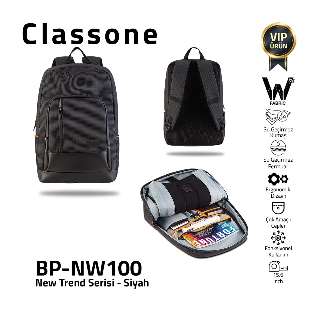 Classone New Trend Serisi BP-NW100 15.6 İnch WTXpro Su Geçirmez Kumaş, Su Geçirmez Fermuar Laptop Sırt Çantası - Siyah