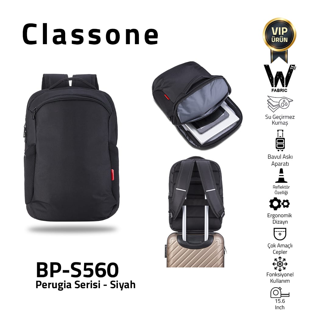 Classone Perugia Serisi BP-S560 WTXpro Su Geçirmez Kumaş 15.6 İnch WTXpro Notebook Sırt Çantası –siyah
