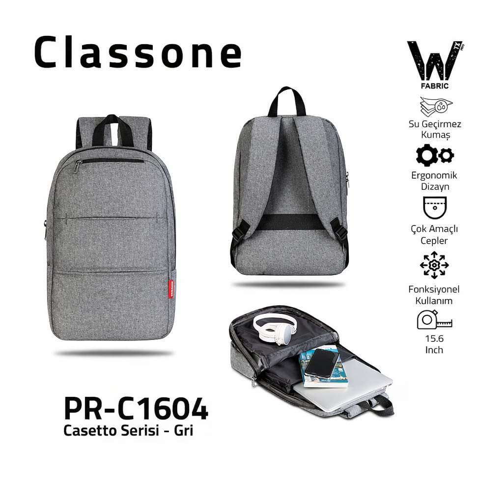 Classone PR-C1604 Casetto Serisi WTXpro Su Geçirmez Kumaş 15.6 Notebook Sırt Çantası-gri
