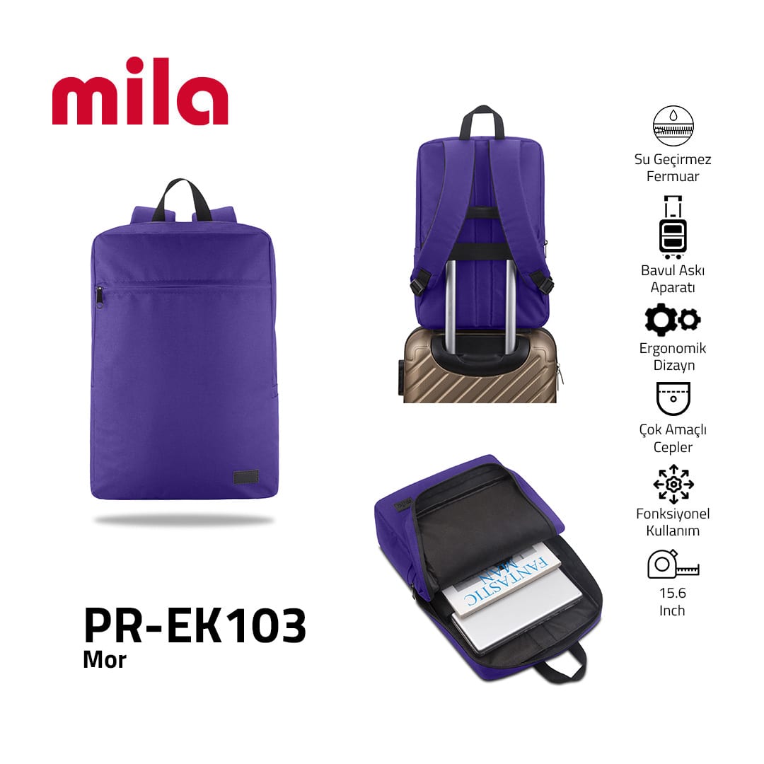 Classone PR-EK103 15.6 Mila Laptop Sırt Çantası, Lenovo, Hp, Asu, Monster, Macbook, Mac Air Uyumlu- Mor