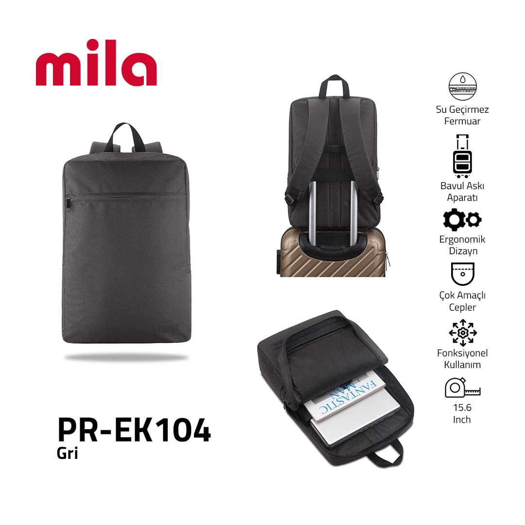 Classone PR-EK104 15.6 Mila Laptop Sırt Çantası, Lenovo, Hp, Asu, Monster, Macbook, Mac Air Uyumlu -gri