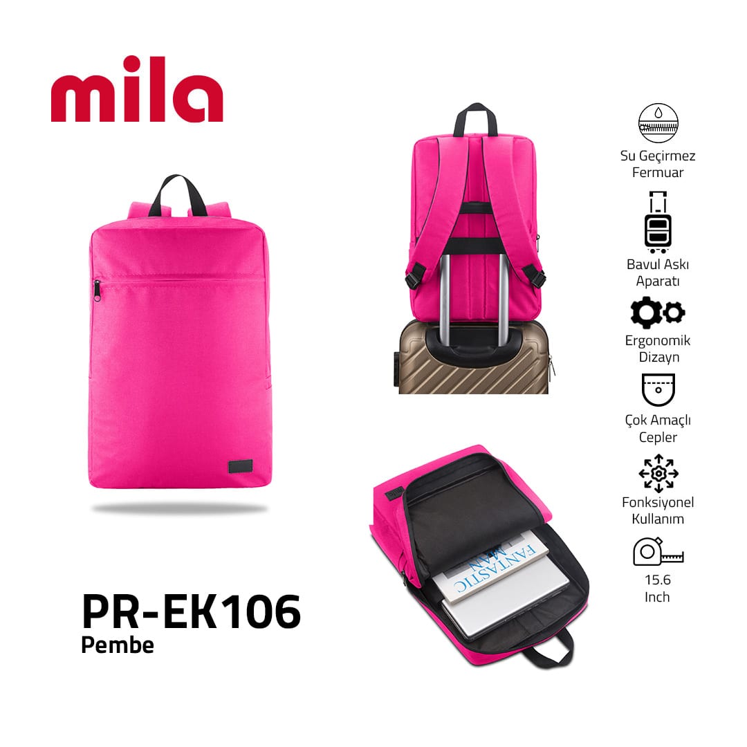 Classone PR-EK106 15.6 Mila Laptop Sırt Çantası, Lenovo, Hp, Asu, Monster, Macbook, Mac Air Uyumlu - Pembe
