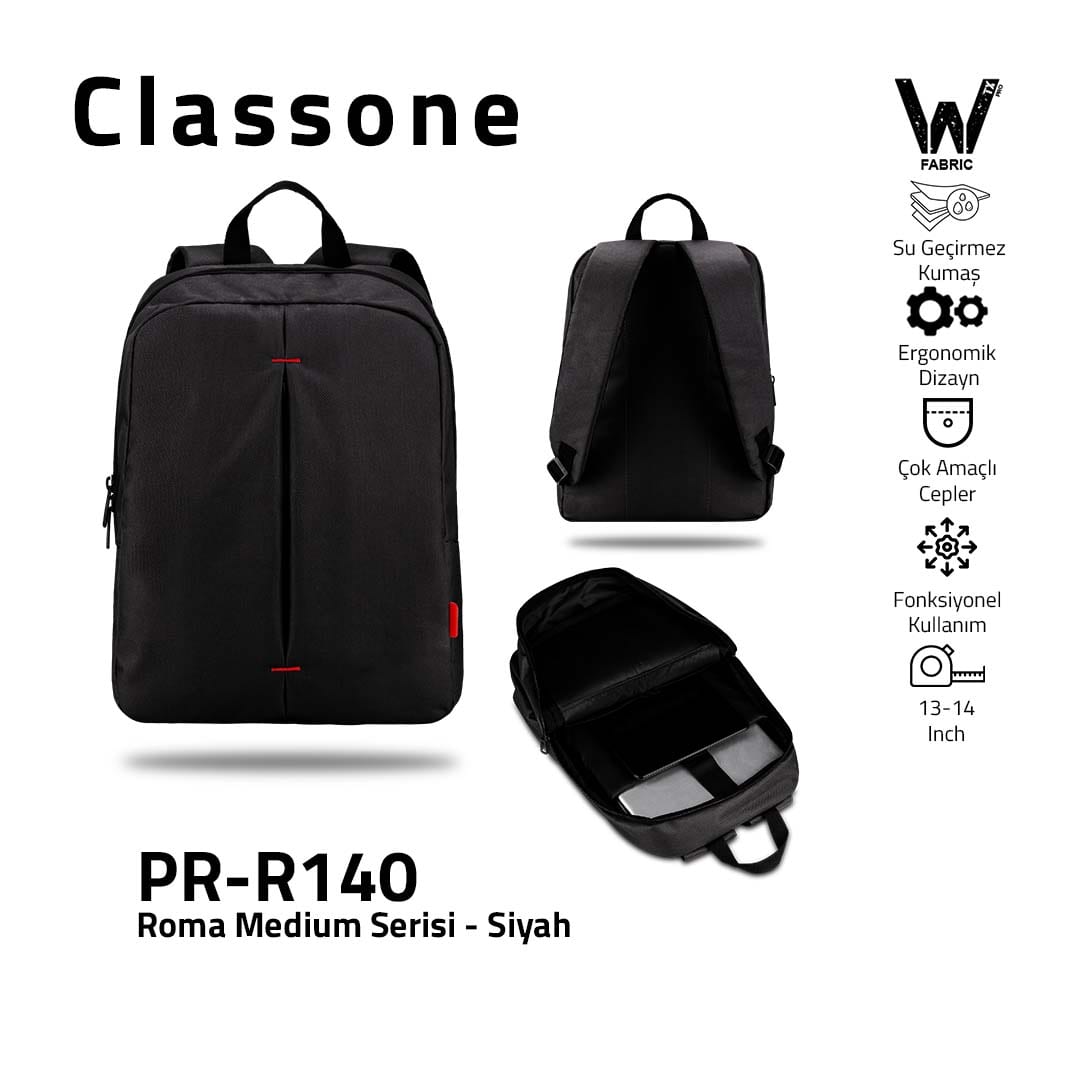 Classone PR-R140 Roma Medium Serisi WTXpro Su Geçirmez Kumaş Notebook 14 İnch Sırt Çantası / Siyah