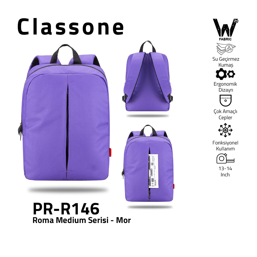 Classone PR-R146 Roma Medium Serisi WTXpro Su Geçirmez Kumaş Notebook 14 İnch Sırt Çantası / Mor