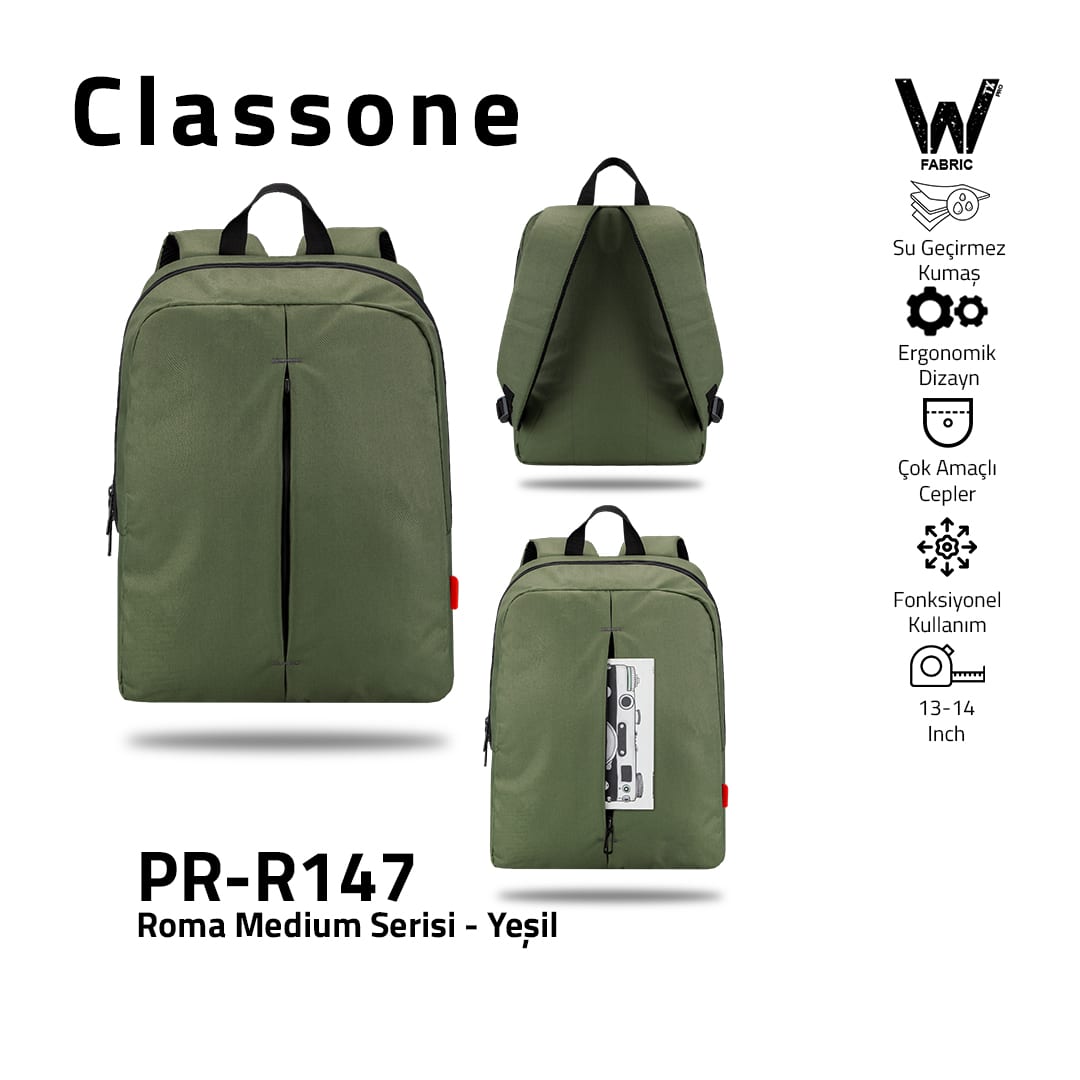 Classone PR-R147 Roma Medium Serisi WTXpro Su Geçirmez Kumaş Notebook 14 İnch Sırt Çantası / Yeşil