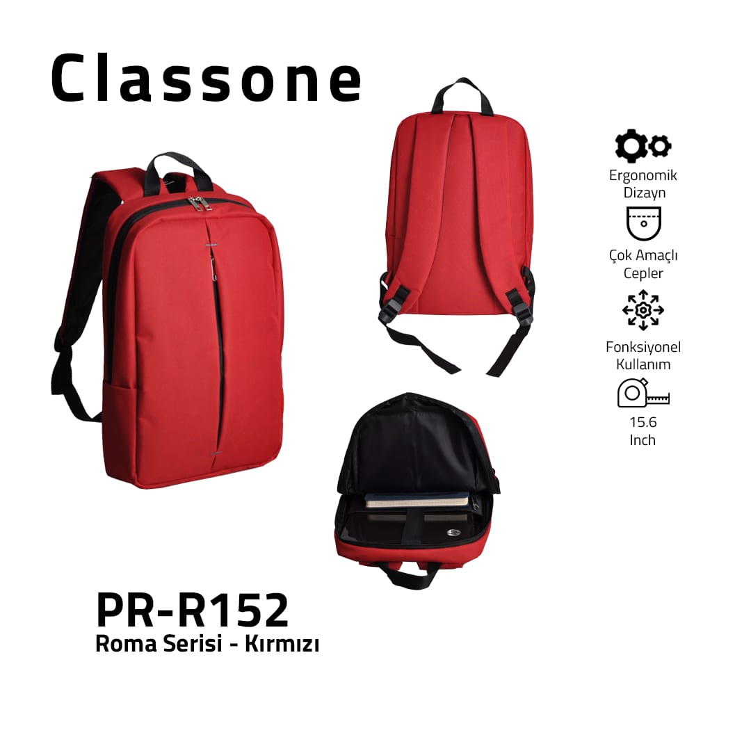 Classone PR-R152 Roma Serisi 15, 6 İnch Notebook Sırt Çantası - Kırmızı