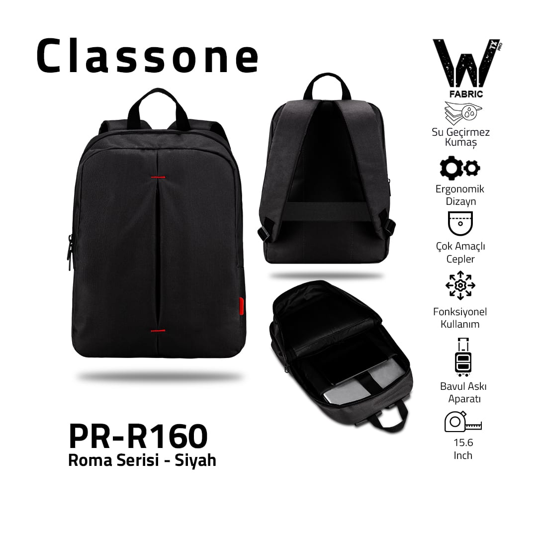 Classone PR-R160 Roma Large Serisi WTXpro Su Geçirmez Kumaş Notebook 15, 6 İnch Sırt Çantası / Siyah