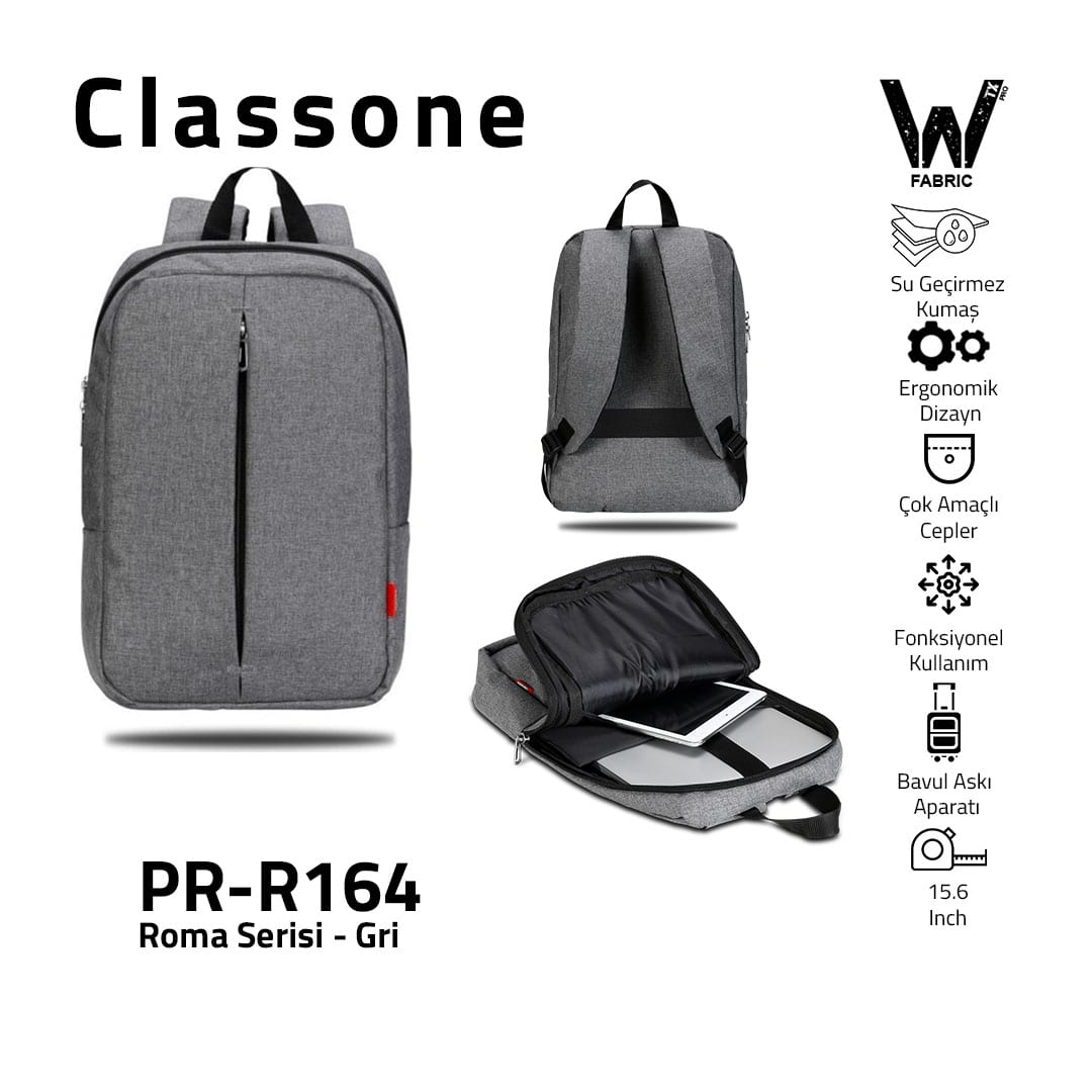 Classone PR-R164 Roma Large Serisi WTXpro Su Geçirmez Kumaş Notebook 15, 6 İnch Sırt Çantası / Gri