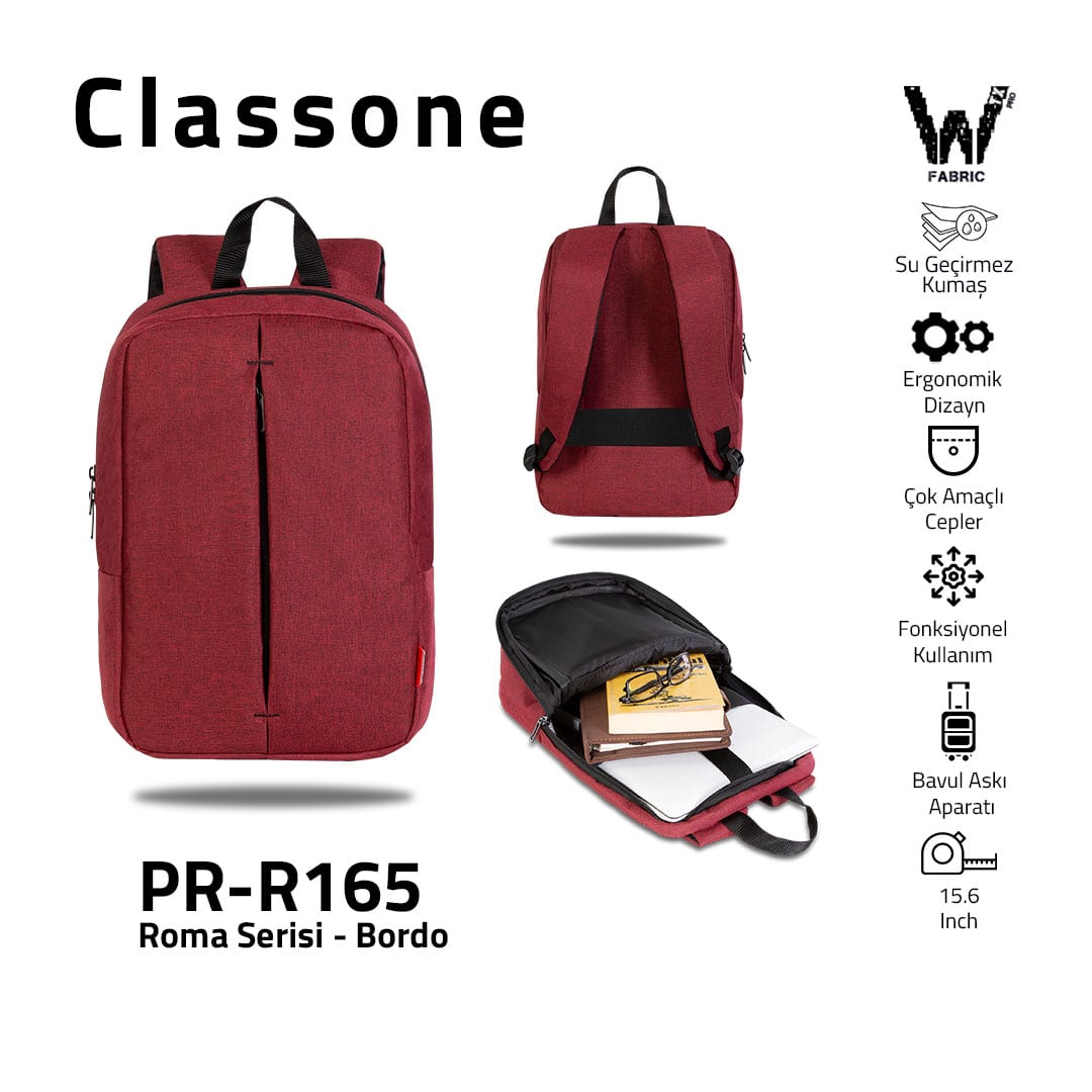 Classone PR-R165 Roma Large Serisi WTXpro Su Geçirmez Kumaş Notebook 15, 6 İnch Sırt Çantası 15.6 - Bordo