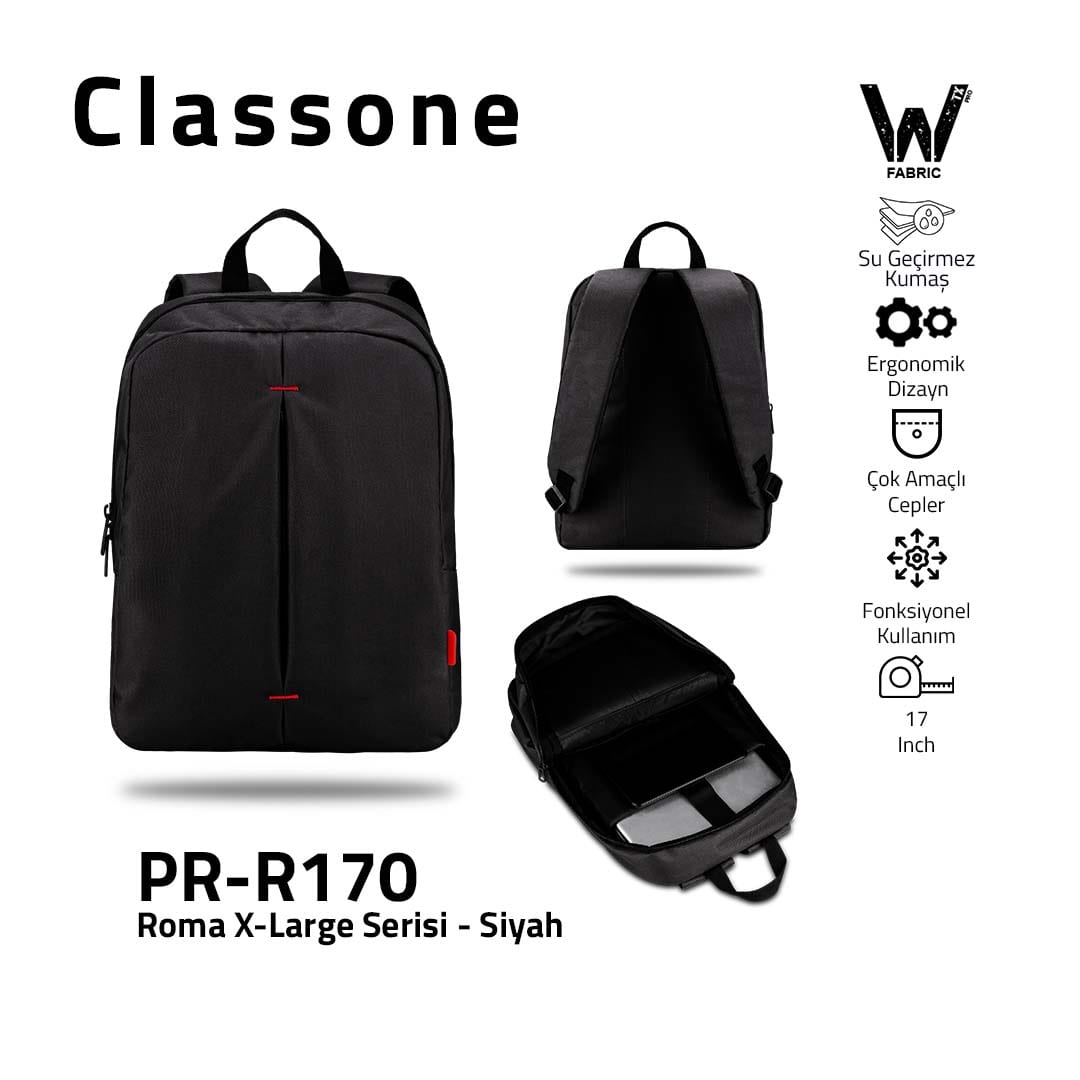 Classone PR-R170 Roma Xl Serisi WTXpro Su Geçirmez Kumaş Notebook 17 İnch Sırt Çantası / Siyah