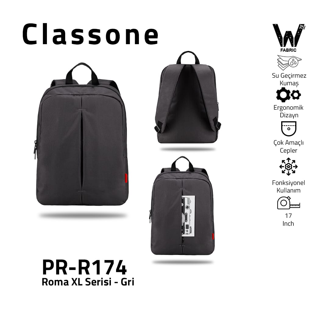 Classone PR-R174 Roma Xl Serisi WTXpro Su Geçirmez Kumaş Notebook 17 İnch Sırt Çantası / Gri