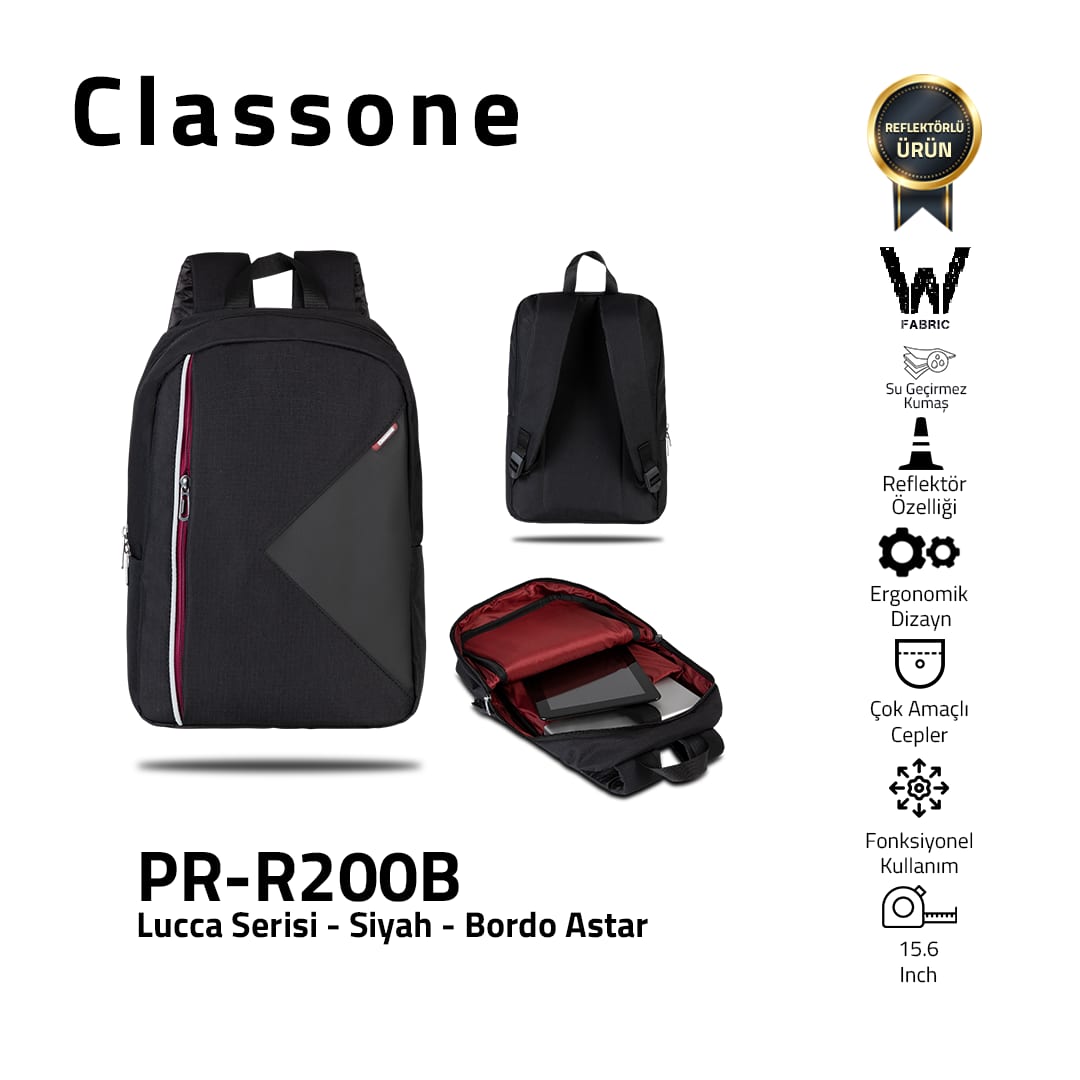 Classone PR-R200B Lucca Serisi WTXpro Su Geçirmez Kumaş 15, 6 İnç Laptop Notebook Sırt Çantası – Bordo Astar