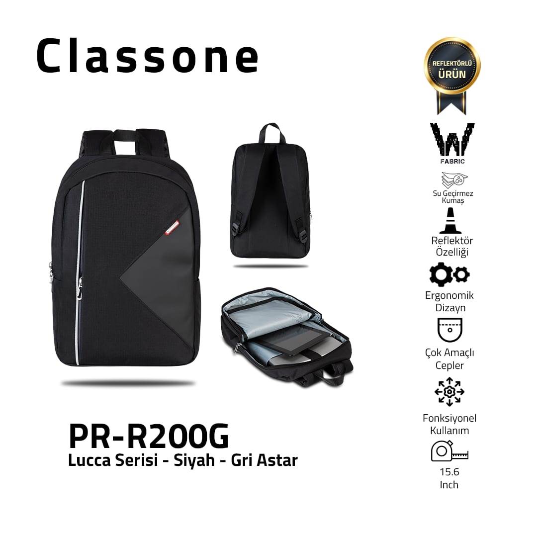 Classone PR-R200G Lucca Serisi WTXpro Su Geçirmez Kumaş 15, 6 İnç Laptop Notebook Sırt Çantası – Gri Astar
