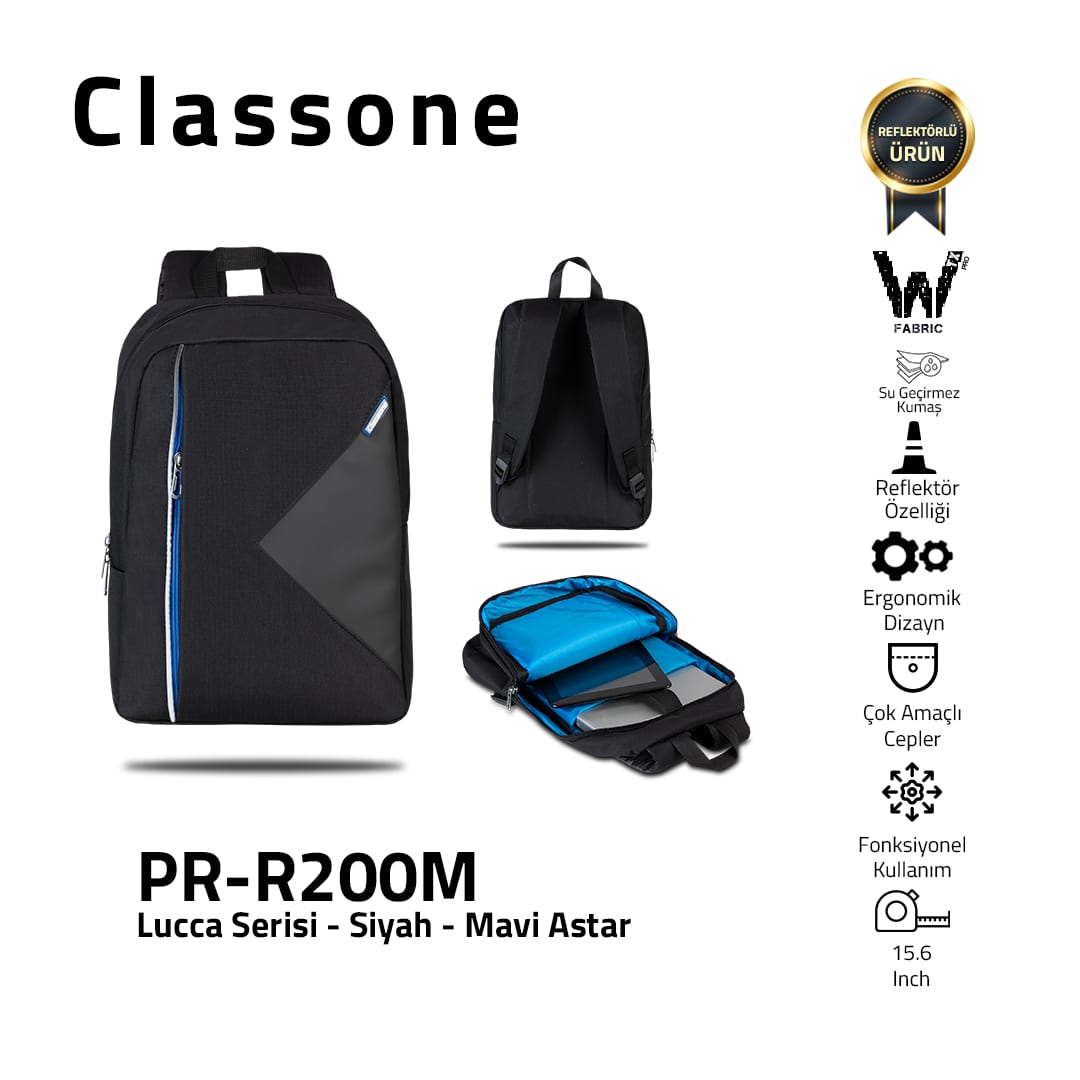 Classone PR-R200M Lucca Serisi WTXpro Su Geçirmez Kumaş 15, 6 İnç Laptop Notebook Sırt Çantası – Mavi Astar