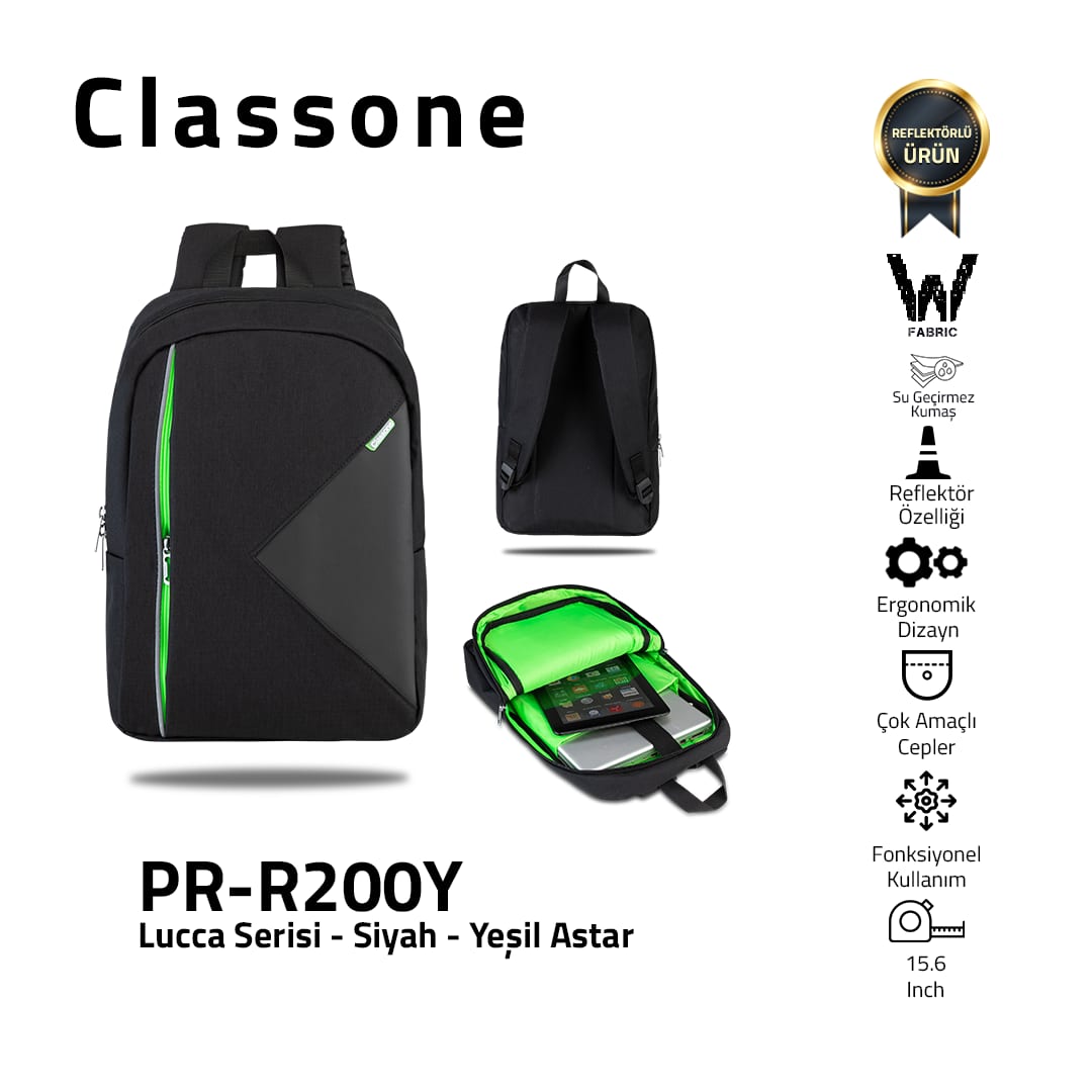 Classone PR-R200Y Lucca Serisi WTXpro Su Geçirmez Kumaş 15, 6 İnç Laptop Notebook Sırt Çantası