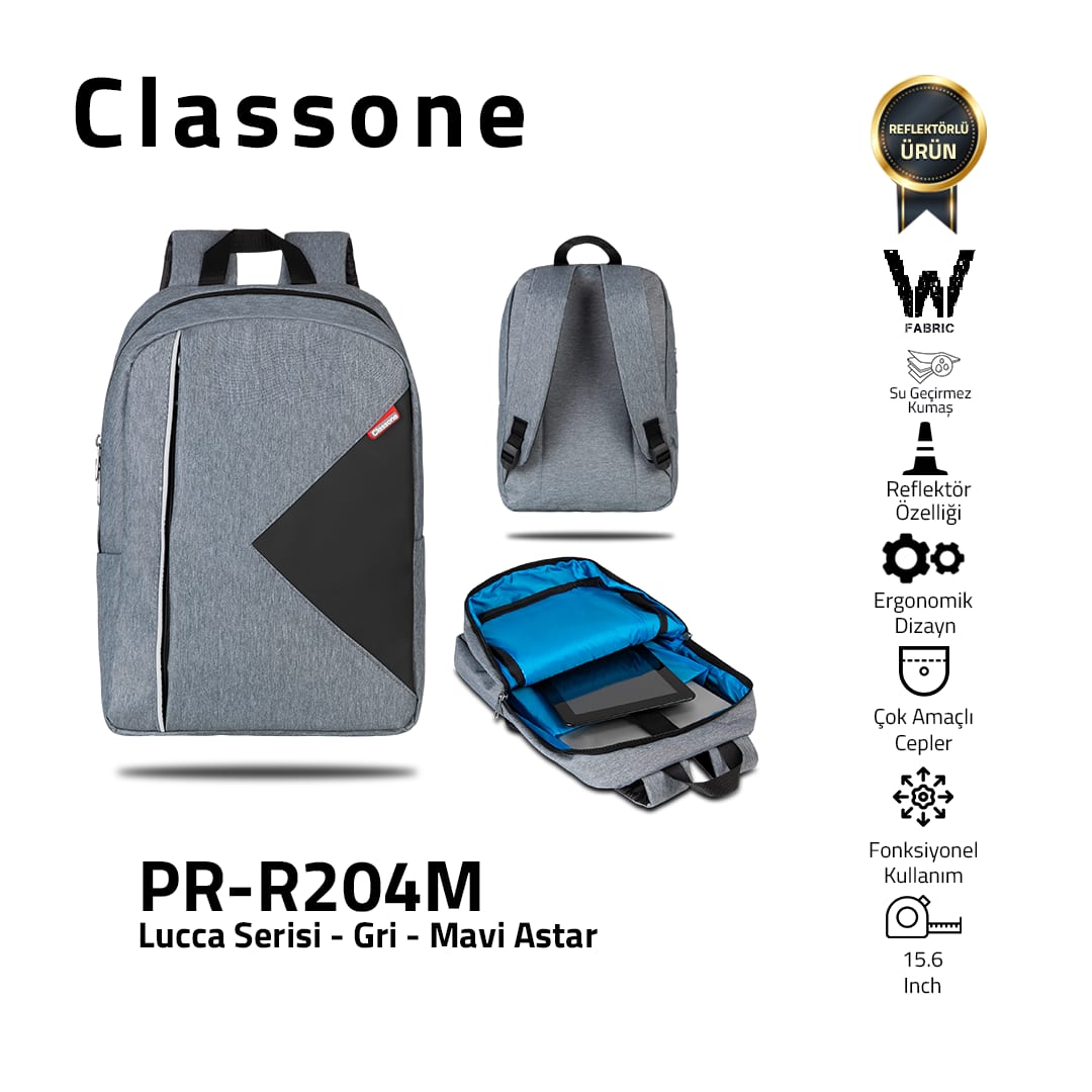 Classone PR-R204M WTXpro Su Geçirmez Kumaş Lucca Serisi 15, 6 İnç Laptop Notebook Sırt Çantası – Mavi Astar