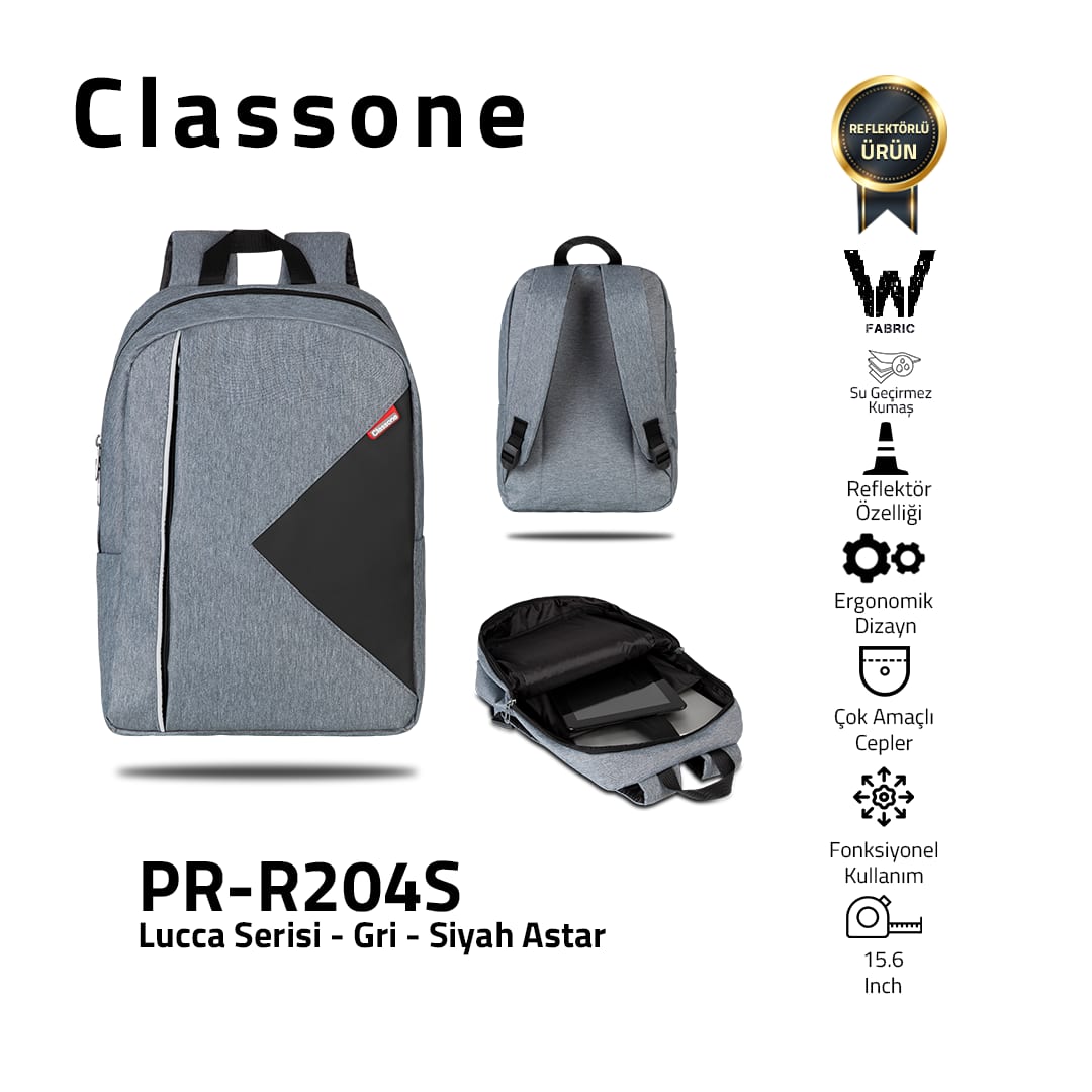 Classone PR-R204S WTXpro Su Geçirmez Kumaş Lucca Serisi 15, 6 İnç Laptop Notebook Sırt Çantası – Siyah Astar