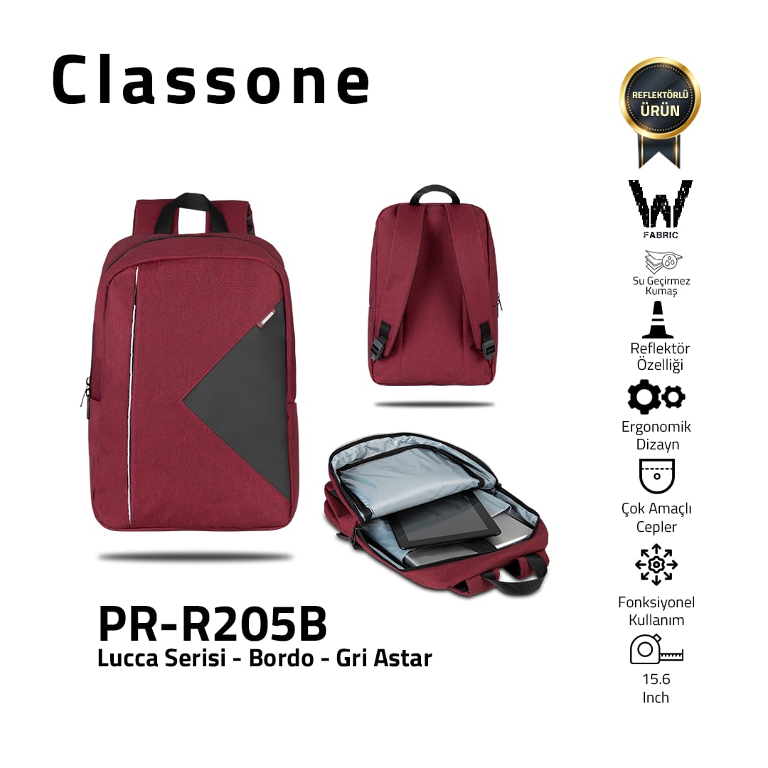 Classone PR-R205B WTXpro Su Geçirmez Kumaş Lucca Serisi 15, 6 İnç Laptop Notebook Sırt Çantası – Gri Astar