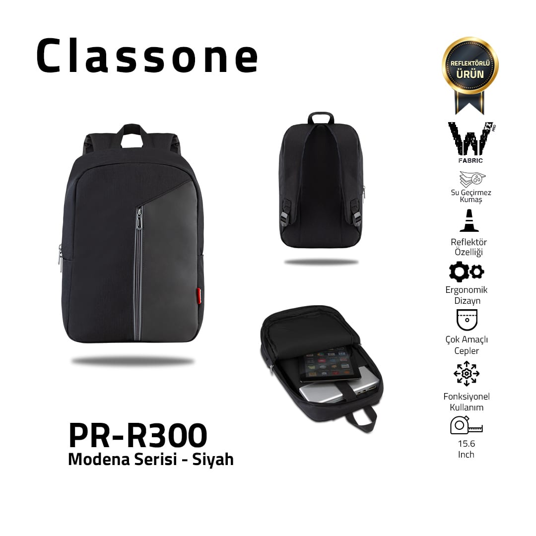 Classone PR-R300 Modena 15.6 WTX Pro Su Geçirmez Kumaş Macbook, Mac Air Laptop Sırtçantası-siyah