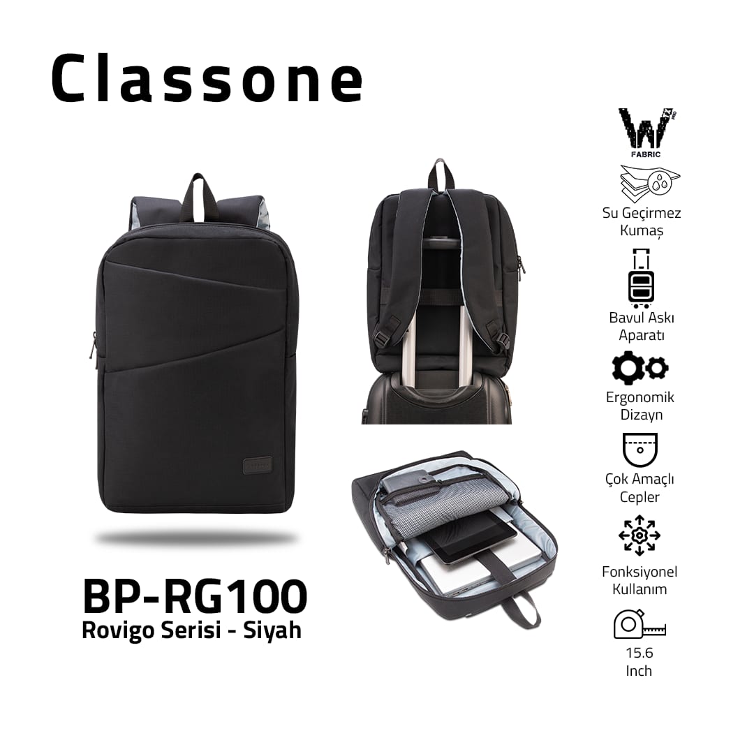 Classone Rovigo Serisi, BP-RG100 WTXpro Su Geçirmez Kumaş , 15.6 Sırt Notebook Çantası-siyah