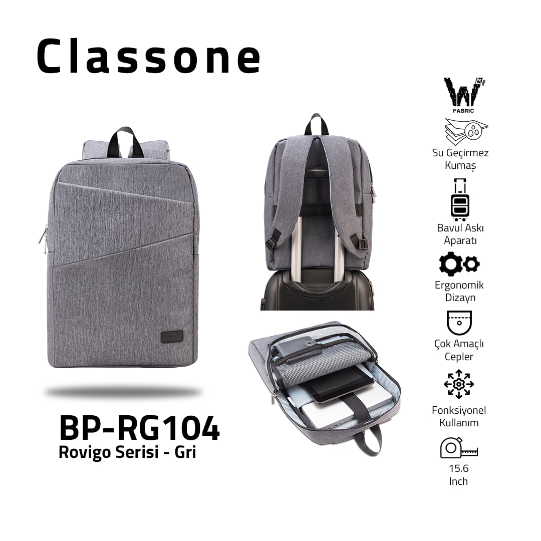Classone Rovigo Serisi, BP-RG104 WTXpro Su Geçirmez Kumaş , 15.6 Sırt Notebook Çantası-gri