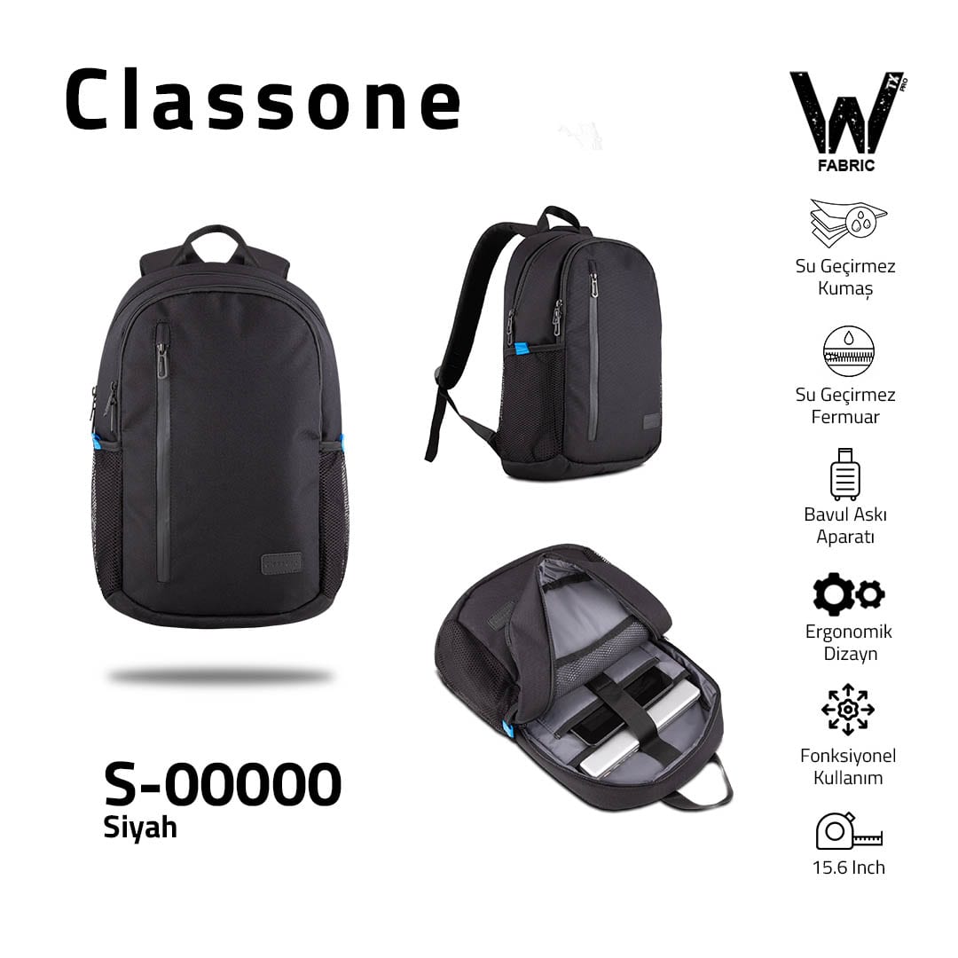 Classone S-00000 WTXpro Su Geçirmez Kumaş 15, 6 İnch Sırt Çantası-siyah