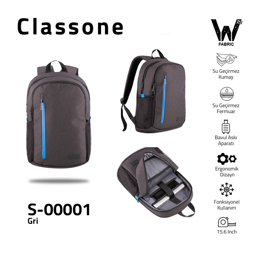 Classone S-00001 WTXpro Su Geçirmez Kumaş 15, 6 İnch Sırt Çantası-gri